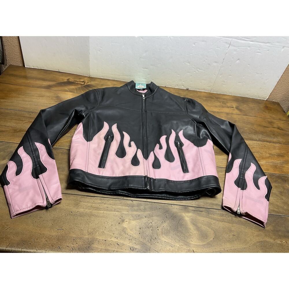 Diamond Plate Leather Womens Jacket Black Pink Flames Biker Motorcycle Jacket XL